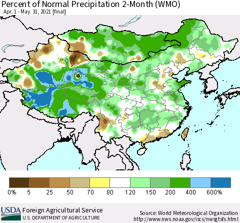 China, Mongolia and Taiwan Percent of Normal Precipitation 2-Month (WMO) Thematic Map For 4/1/2021 - 5/31/2021