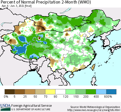 China, Mongolia and Taiwan Percent of Normal Precipitation 2-Month (WMO) Thematic Map For 4/6/2021 - 6/5/2021
