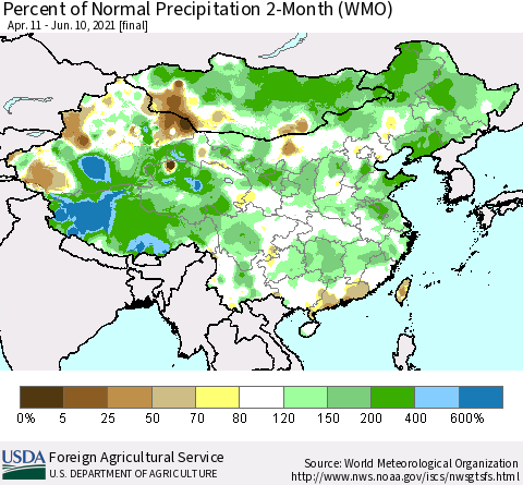 China, Mongolia and Taiwan Percent of Normal Precipitation 2-Month (WMO) Thematic Map For 4/11/2021 - 6/10/2021