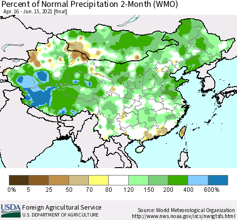China, Mongolia and Taiwan Percent of Normal Precipitation 2-Month (WMO) Thematic Map For 4/16/2021 - 6/15/2021