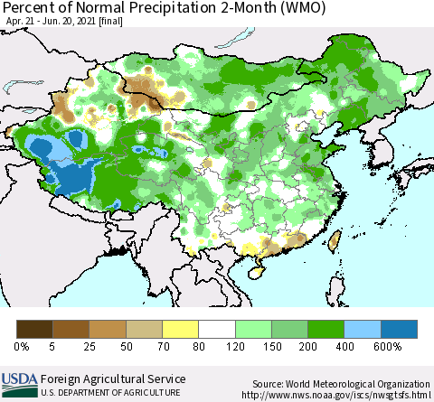 China, Mongolia and Taiwan Percent of Normal Precipitation 2-Month (WMO) Thematic Map For 4/21/2021 - 6/20/2021