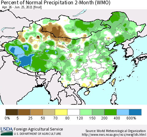 China, Mongolia and Taiwan Percent of Normal Precipitation 2-Month (WMO) Thematic Map For 4/26/2021 - 6/25/2021