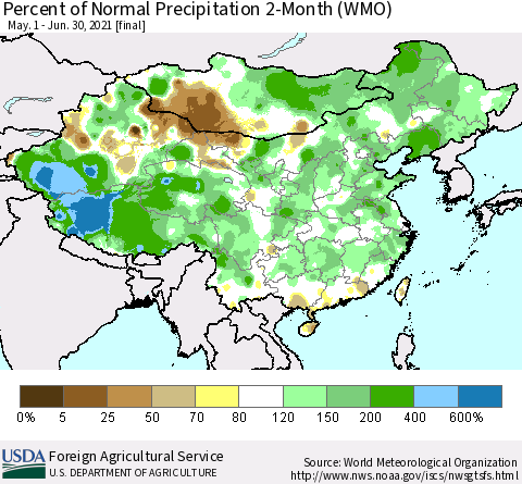 China, Mongolia and Taiwan Percent of Normal Precipitation 2-Month (WMO) Thematic Map For 5/1/2021 - 6/30/2021