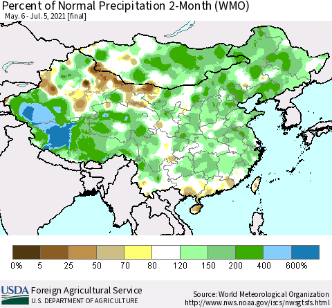 China, Mongolia and Taiwan Percent of Normal Precipitation 2-Month (WMO) Thematic Map For 5/6/2021 - 7/5/2021