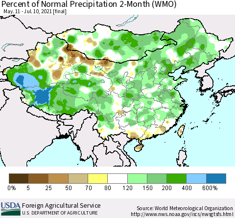 China, Mongolia and Taiwan Percent of Normal Precipitation 2-Month (WMO) Thematic Map For 5/11/2021 - 7/10/2021