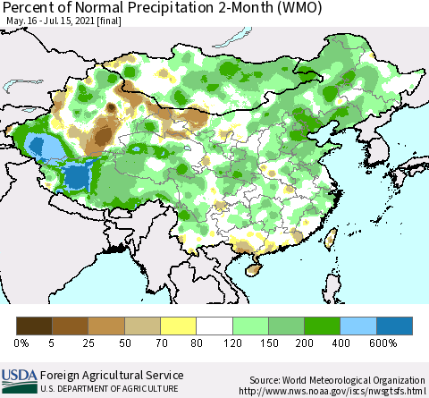 China, Mongolia and Taiwan Percent of Normal Precipitation 2-Month (WMO) Thematic Map For 5/16/2021 - 7/15/2021