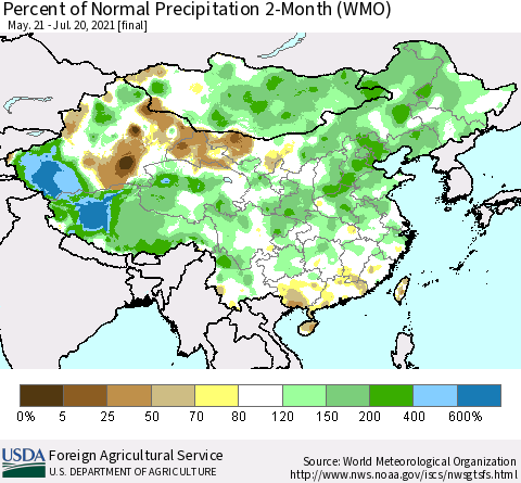China, Mongolia and Taiwan Percent of Normal Precipitation 2-Month (WMO) Thematic Map For 5/21/2021 - 7/20/2021