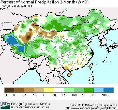 China, Mongolia and Taiwan Percent of Normal Precipitation 2-Month (WMO) Thematic Map For 5/26/2021 - 7/25/2021