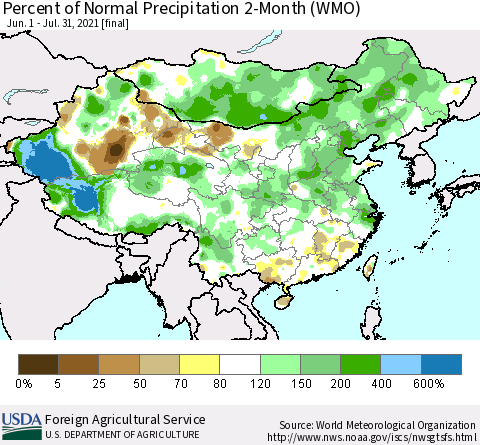 China, Mongolia and Taiwan Percent of Normal Precipitation 2-Month (WMO) Thematic Map For 6/1/2021 - 7/31/2021