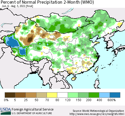 China, Mongolia and Taiwan Percent of Normal Precipitation 2-Month (WMO) Thematic Map For 6/6/2021 - 8/5/2021