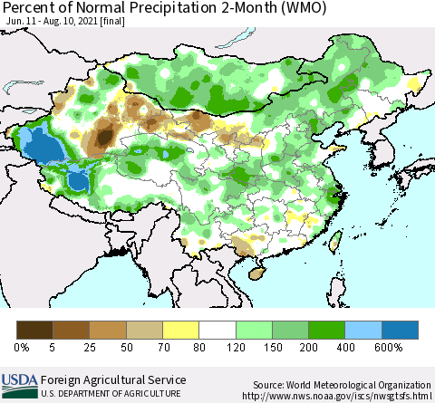 China, Mongolia and Taiwan Percent of Normal Precipitation 2-Month (WMO) Thematic Map For 6/11/2021 - 8/10/2021