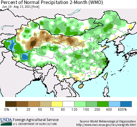 China, Mongolia and Taiwan Percent of Normal Precipitation 2-Month (WMO) Thematic Map For 6/16/2021 - 8/15/2021