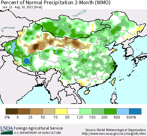 China, Mongolia and Taiwan Percent of Normal Precipitation 2-Month (WMO) Thematic Map For 6/21/2021 - 8/20/2021