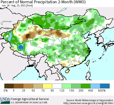 China, Mongolia and Taiwan Percent of Normal Precipitation 2-Month (WMO) Thematic Map For 6/26/2021 - 8/25/2021