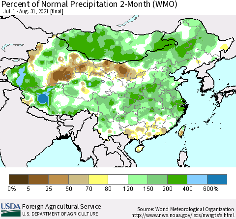 China, Mongolia and Taiwan Percent of Normal Precipitation 2-Month (WMO) Thematic Map For 7/1/2021 - 8/31/2021