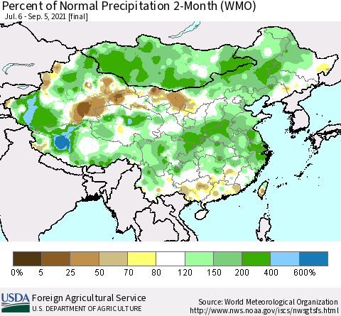 China, Mongolia and Taiwan Percent of Normal Precipitation 2-Month (WMO) Thematic Map For 7/6/2021 - 9/5/2021