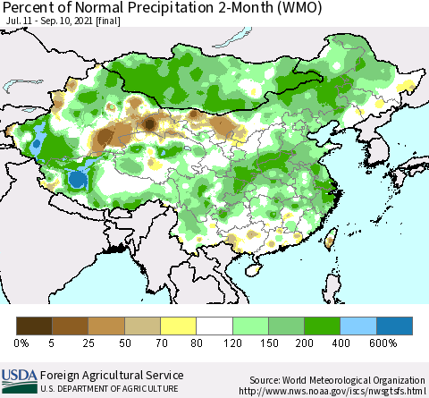China, Mongolia and Taiwan Percent of Normal Precipitation 2-Month (WMO) Thematic Map For 7/11/2021 - 9/10/2021