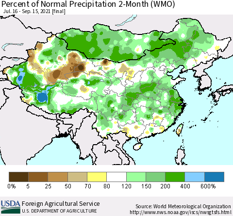 China, Mongolia and Taiwan Percent of Normal Precipitation 2-Month (WMO) Thematic Map For 7/16/2021 - 9/15/2021
