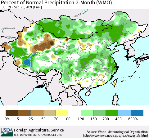 China, Mongolia and Taiwan Percent of Normal Precipitation 2-Month (WMO) Thematic Map For 7/21/2021 - 9/20/2021