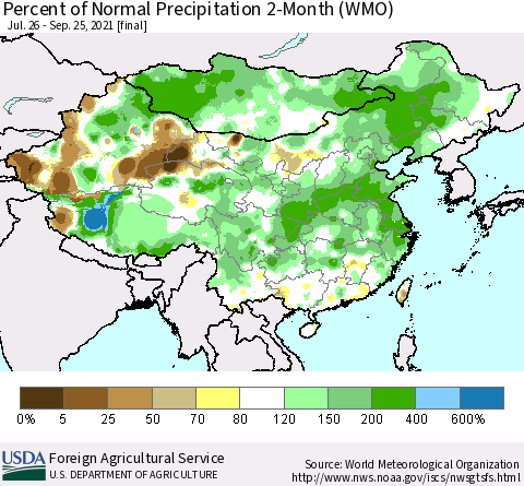 China, Mongolia and Taiwan Percent of Normal Precipitation 2-Month (WMO) Thematic Map For 7/26/2021 - 9/25/2021