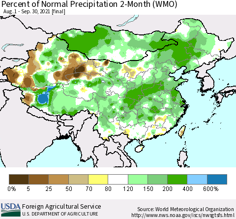 China, Mongolia and Taiwan Percent of Normal Precipitation 2-Month (WMO) Thematic Map For 8/1/2021 - 9/30/2021