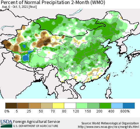 China, Mongolia and Taiwan Percent of Normal Precipitation 2-Month (WMO) Thematic Map For 8/6/2021 - 10/5/2021