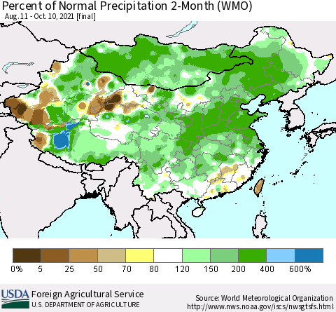 China, Mongolia and Taiwan Percent of Normal Precipitation 2-Month (WMO) Thematic Map For 8/11/2021 - 10/10/2021