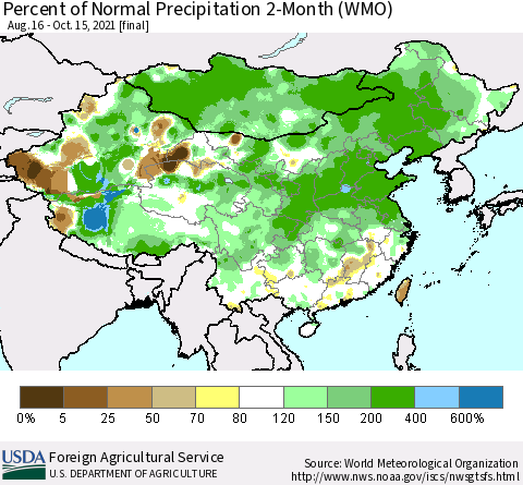 China, Mongolia and Taiwan Percent of Normal Precipitation 2-Month (WMO) Thematic Map For 8/16/2021 - 10/15/2021
