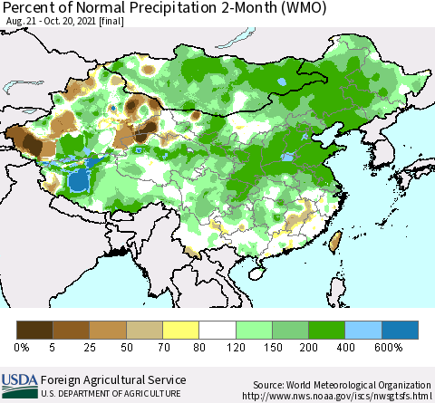 China, Mongolia and Taiwan Percent of Normal Precipitation 2-Month (WMO) Thematic Map For 8/21/2021 - 10/20/2021