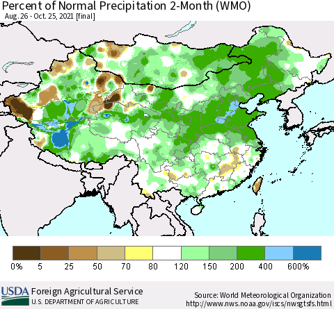 China, Mongolia and Taiwan Percent of Normal Precipitation 2-Month (WMO) Thematic Map For 8/26/2021 - 10/25/2021