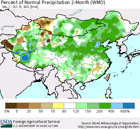 China, Mongolia and Taiwan Percent of Normal Precipitation 2-Month (WMO) Thematic Map For 9/1/2021 - 10/31/2021