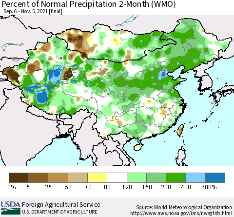 China, Mongolia and Taiwan Percent of Normal Precipitation 2-Month (WMO) Thematic Map For 9/6/2021 - 11/5/2021