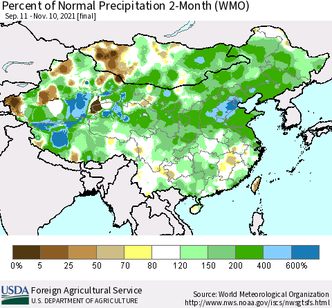 China, Mongolia and Taiwan Percent of Normal Precipitation 2-Month (WMO) Thematic Map For 9/11/2021 - 11/10/2021