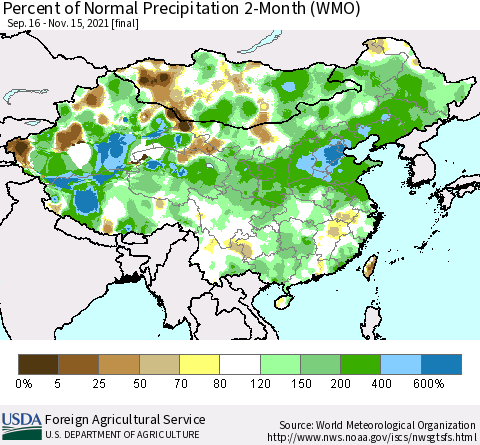 China, Mongolia and Taiwan Percent of Normal Precipitation 2-Month (WMO) Thematic Map For 9/16/2021 - 11/15/2021