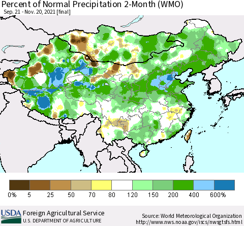 China, Mongolia and Taiwan Percent of Normal Precipitation 2-Month (WMO) Thematic Map For 9/21/2021 - 11/20/2021