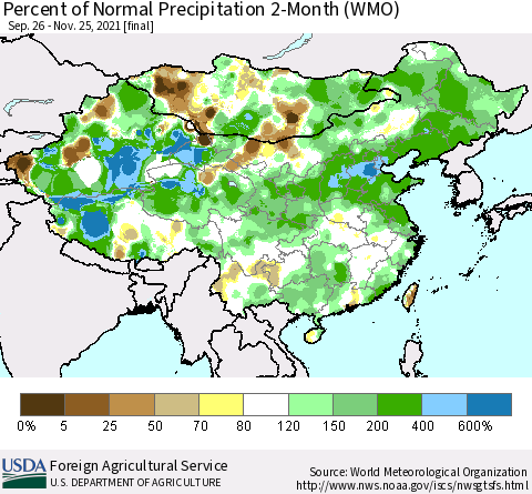 China, Mongolia and Taiwan Percent of Normal Precipitation 2-Month (WMO) Thematic Map For 9/26/2021 - 11/25/2021