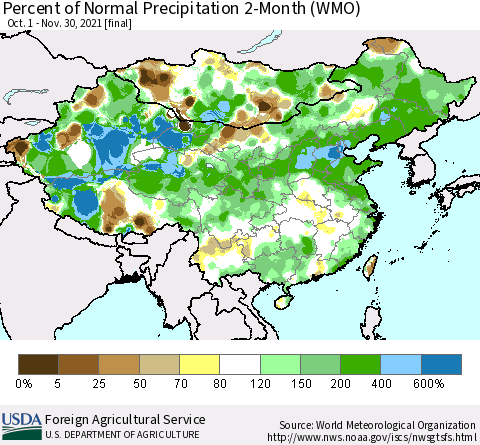 China, Mongolia and Taiwan Percent of Normal Precipitation 2-Month (WMO) Thematic Map For 10/1/2021 - 11/30/2021