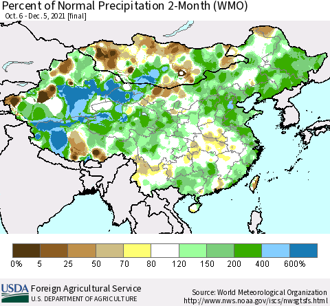 China, Mongolia and Taiwan Percent of Normal Precipitation 2-Month (WMO) Thematic Map For 10/6/2021 - 12/5/2021