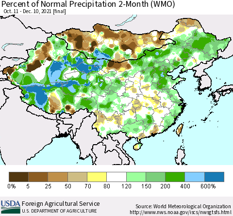 China, Mongolia and Taiwan Percent of Normal Precipitation 2-Month (WMO) Thematic Map For 10/11/2021 - 12/10/2021