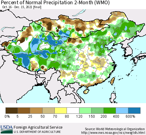 China, Mongolia and Taiwan Percent of Normal Precipitation 2-Month (WMO) Thematic Map For 10/16/2021 - 12/15/2021