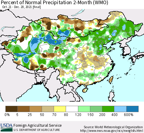 China, Mongolia and Taiwan Percent of Normal Precipitation 2-Month (WMO) Thematic Map For 10/21/2021 - 12/20/2021