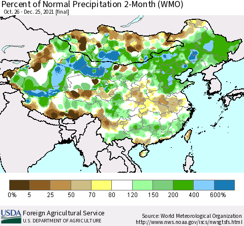 China, Mongolia and Taiwan Percent of Normal Precipitation 2-Month (WMO) Thematic Map For 10/26/2021 - 12/25/2021