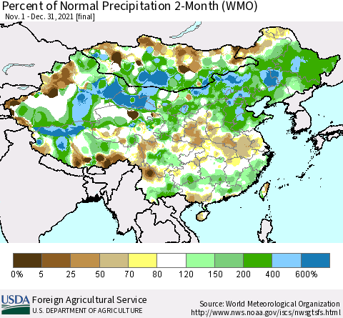 China, Mongolia and Taiwan Percent of Normal Precipitation 2-Month (WMO) Thematic Map For 11/1/2021 - 12/31/2021