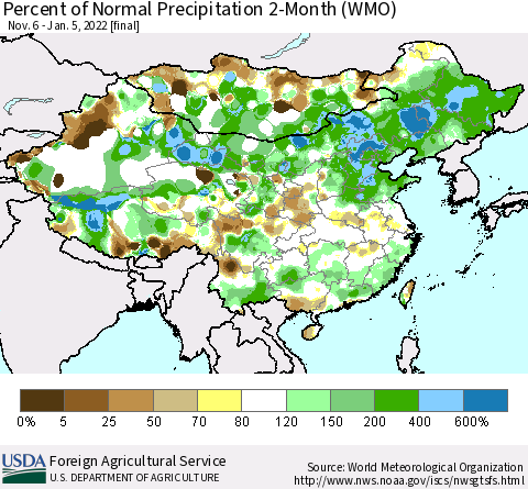 China, Mongolia and Taiwan Percent of Normal Precipitation 2-Month (WMO) Thematic Map For 11/6/2021 - 1/5/2022