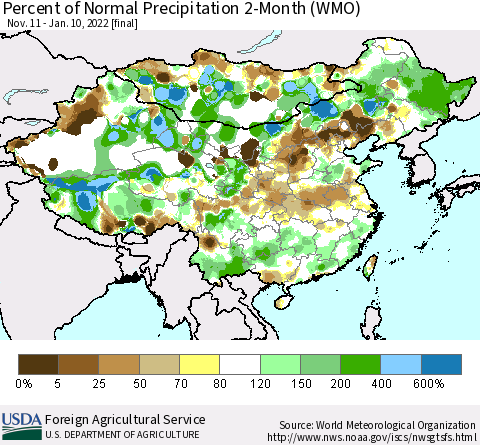 China, Mongolia and Taiwan Percent of Normal Precipitation 2-Month (WMO) Thematic Map For 11/11/2021 - 1/10/2022