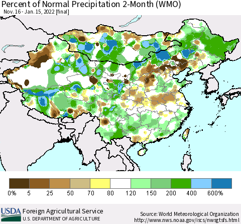 China, Mongolia and Taiwan Percent of Normal Precipitation 2-Month (WMO) Thematic Map For 11/16/2021 - 1/15/2022