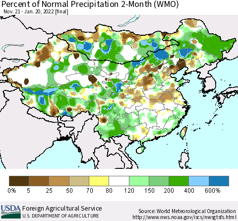 China, Mongolia and Taiwan Percent of Normal Precipitation 2-Month (WMO) Thematic Map For 11/21/2021 - 1/20/2022