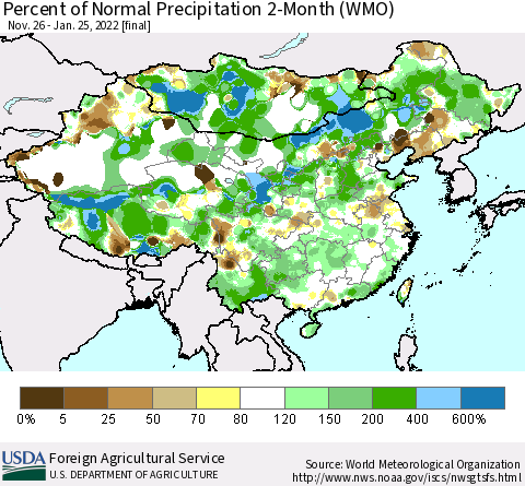 China, Mongolia and Taiwan Percent of Normal Precipitation 2-Month (WMO) Thematic Map For 11/26/2021 - 1/25/2022