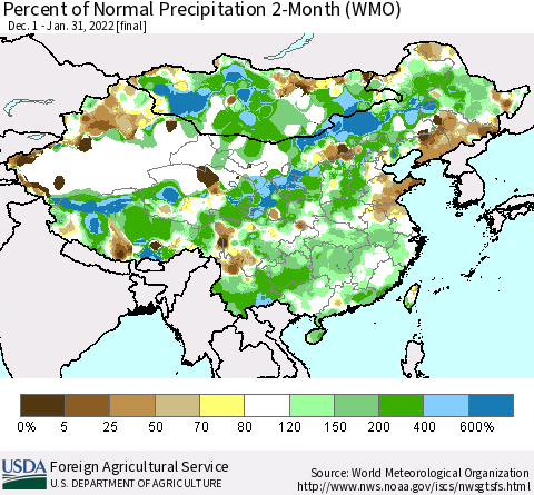 China, Mongolia and Taiwan Percent of Normal Precipitation 2-Month (WMO) Thematic Map For 12/1/2021 - 1/31/2022