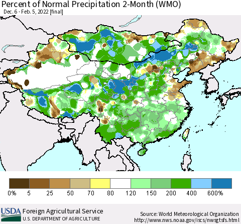 China, Mongolia and Taiwan Percent of Normal Precipitation 2-Month (WMO) Thematic Map For 12/6/2021 - 2/5/2022